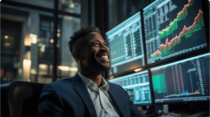 black-american-trader-smiling with-charts behind