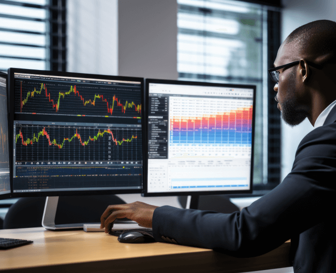 black-man-on-glasses-staring-at-financial-asset-chart-on-two-screens