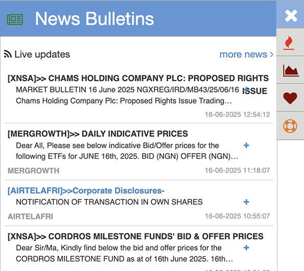 News bulletins and updates screen