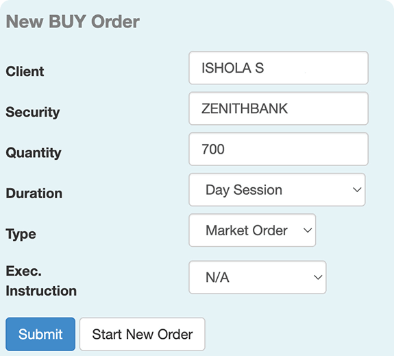 A screedn showing a New Buy Order